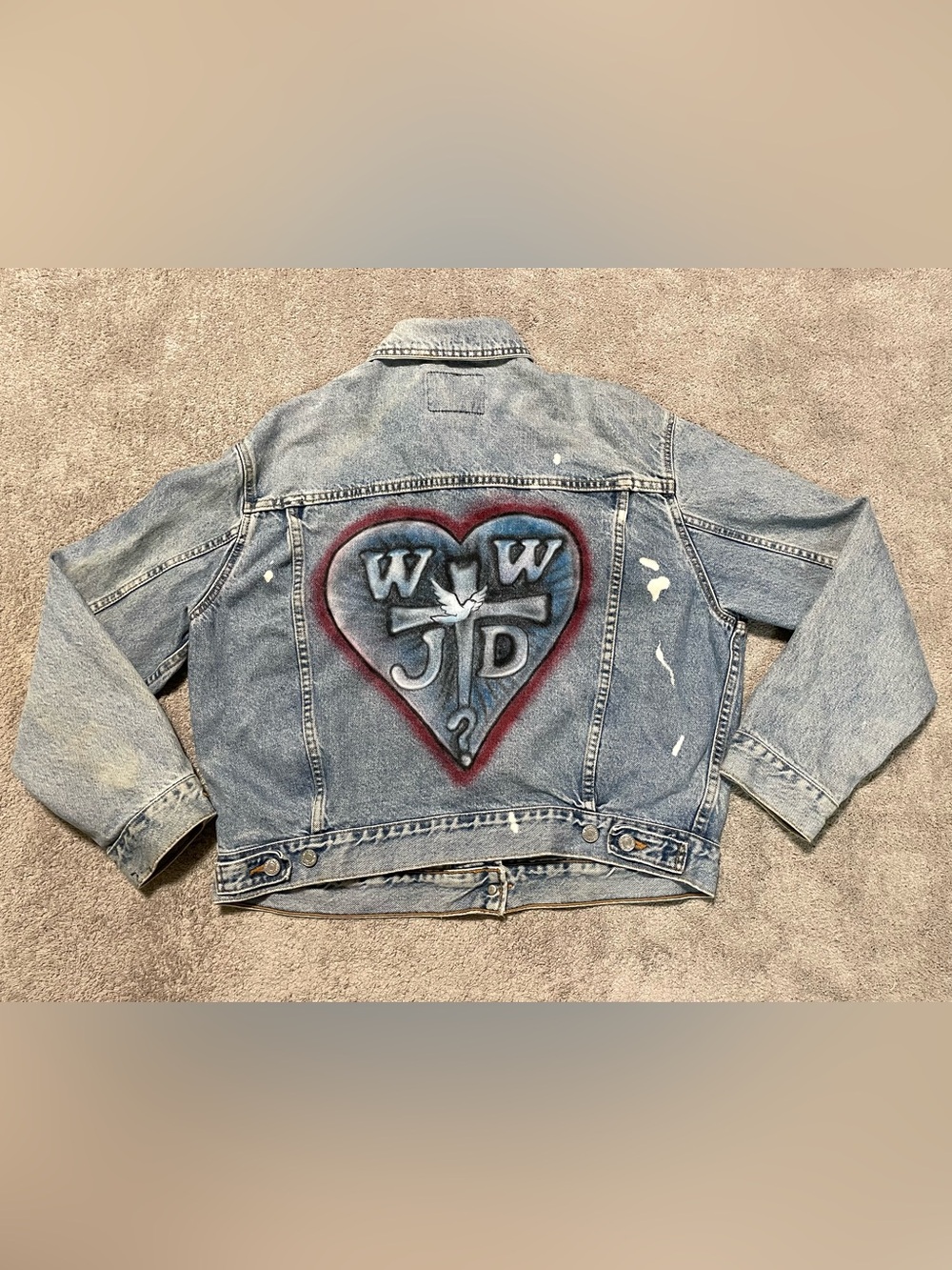 Vintage Levi’s Type III Trucker Jacket USA Womens Large WWJD Airbrush Denim 90s